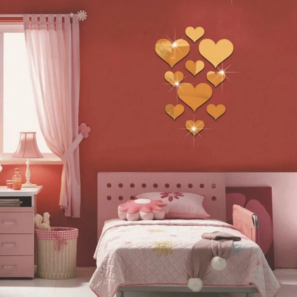 12pcs 3D Mirror Love Hearts Wall Sticker Durable DIY Simple Wall Stickers Decal for Living Room Art Home Decor