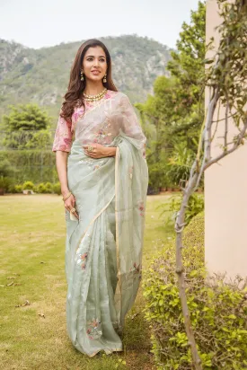 Aari Sequins Tissue Light Pista Green Tissue Saree