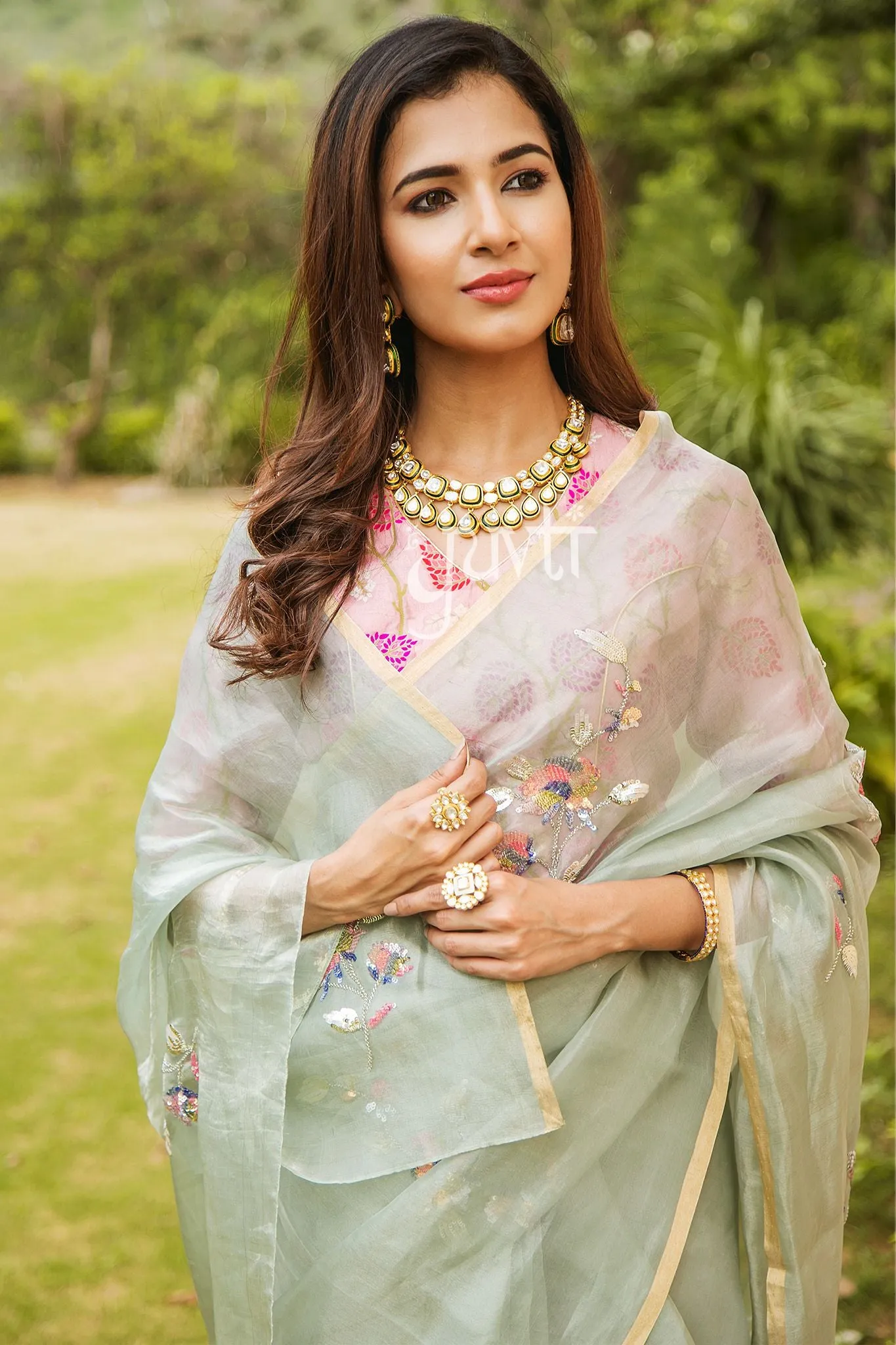 Aari Sequins Tissue Light Pista Green Tissue Saree