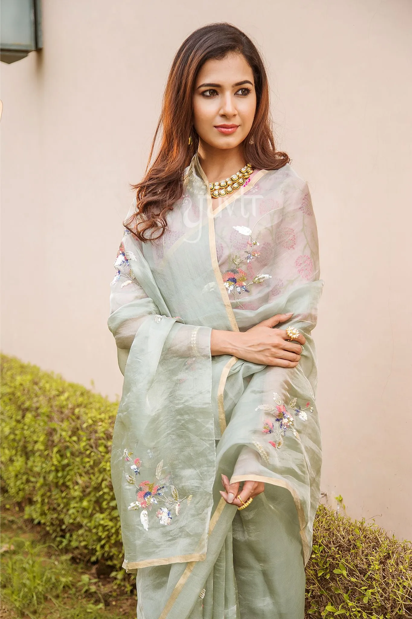Aari Sequins Tissue Light Pista Green Tissue Saree