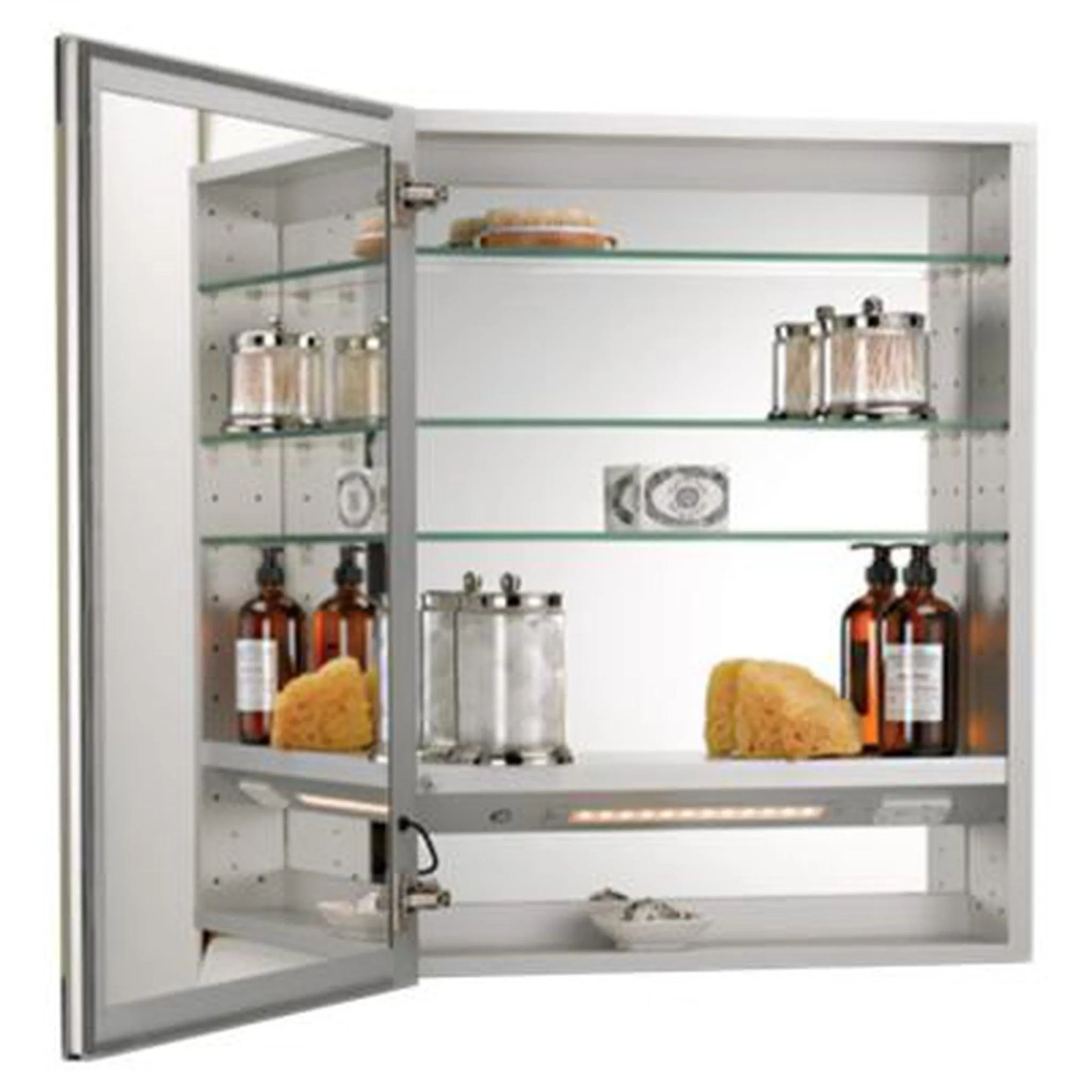 Afina Illume 24" x 30" Recessed Right Hinged Single Door Backlit LED Medicine Cabinet With Inside Electric, Nightlite and Polished Edge Mirror