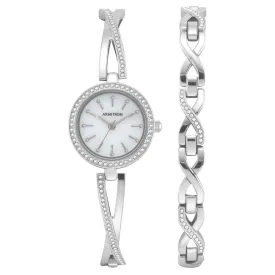 Armitron Silver Band White Mother of Pearl Dial Women's Watch & Bracelet Set - 755486MPSVST