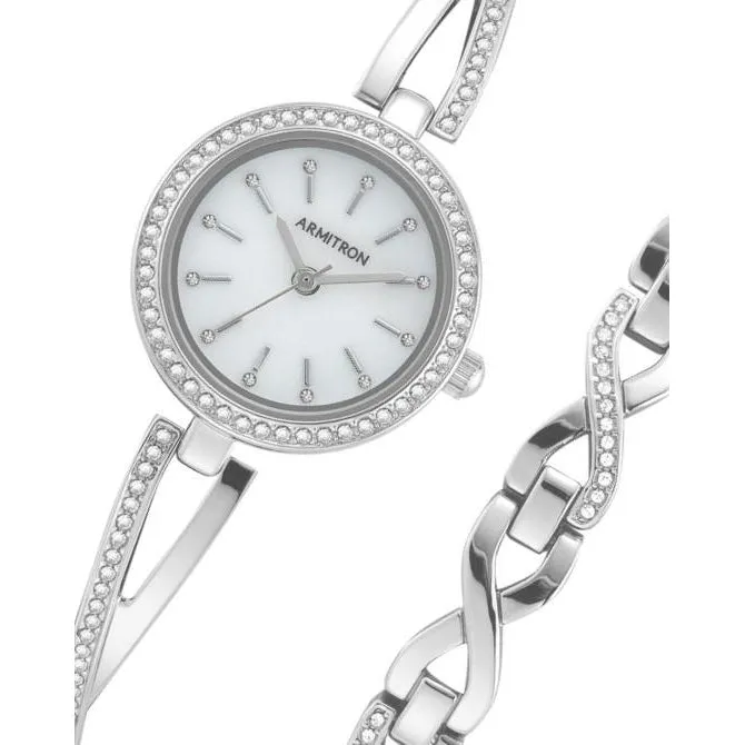 Armitron Silver Band White Mother of Pearl Dial Women's Watch & Bracelet Set - 755486MPSVST