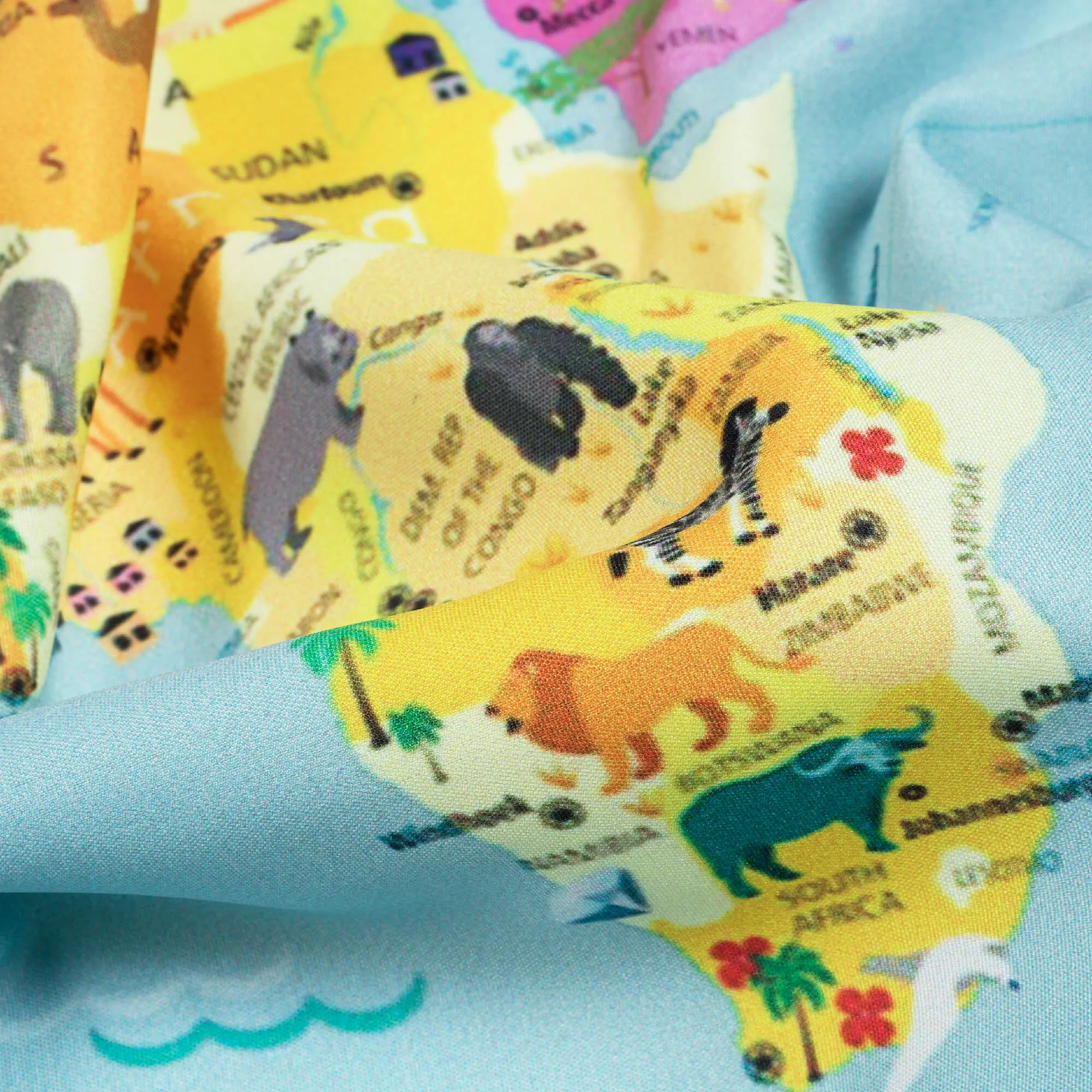Baby Blue And Yellow Map Pattern Digital Print Ultra Premium Butter Crepe Fabric