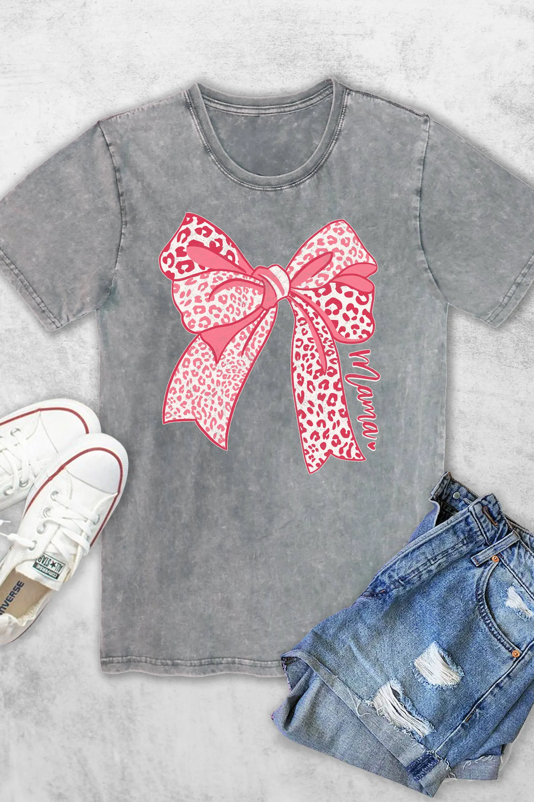 COQUETTE LEOPARD BOW MAMA WOMEN'S VINTAGE GREY GRAPHIC TEE