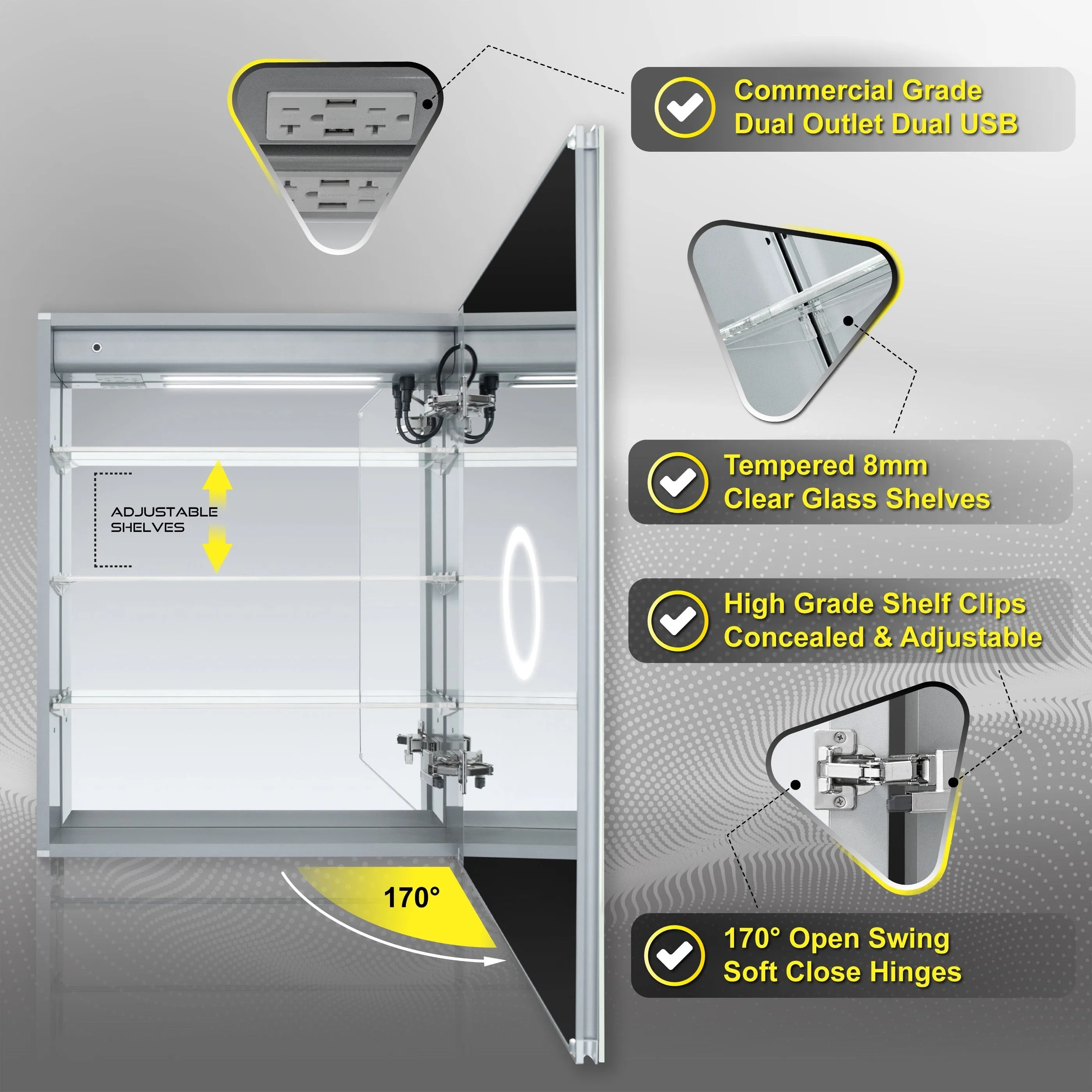DECADOM LED Mirror Medicine Cabinet Recessed or Surface, Defogger, Dimmer, Clock, Room Temp Display, Makeup Mirror 3X, Outlets & USBs AURA 24x30R