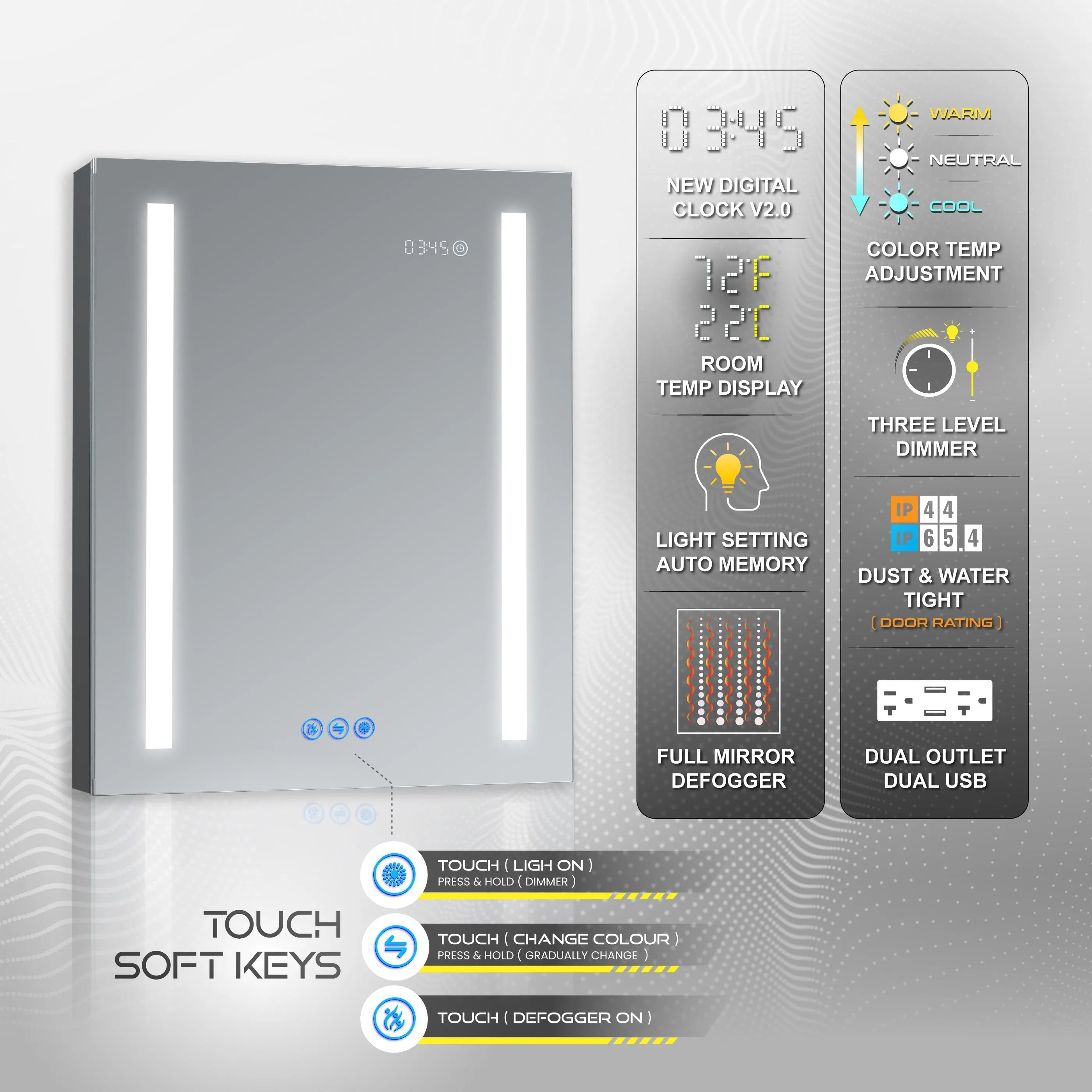 DECADOM LED Mirror Medicine Cabinet Recessed or Surface, Defogger, Dimmer, Clock, Room Temp Display, Makeup Mirror 3X, Outlets & USBs AURA 24x30R