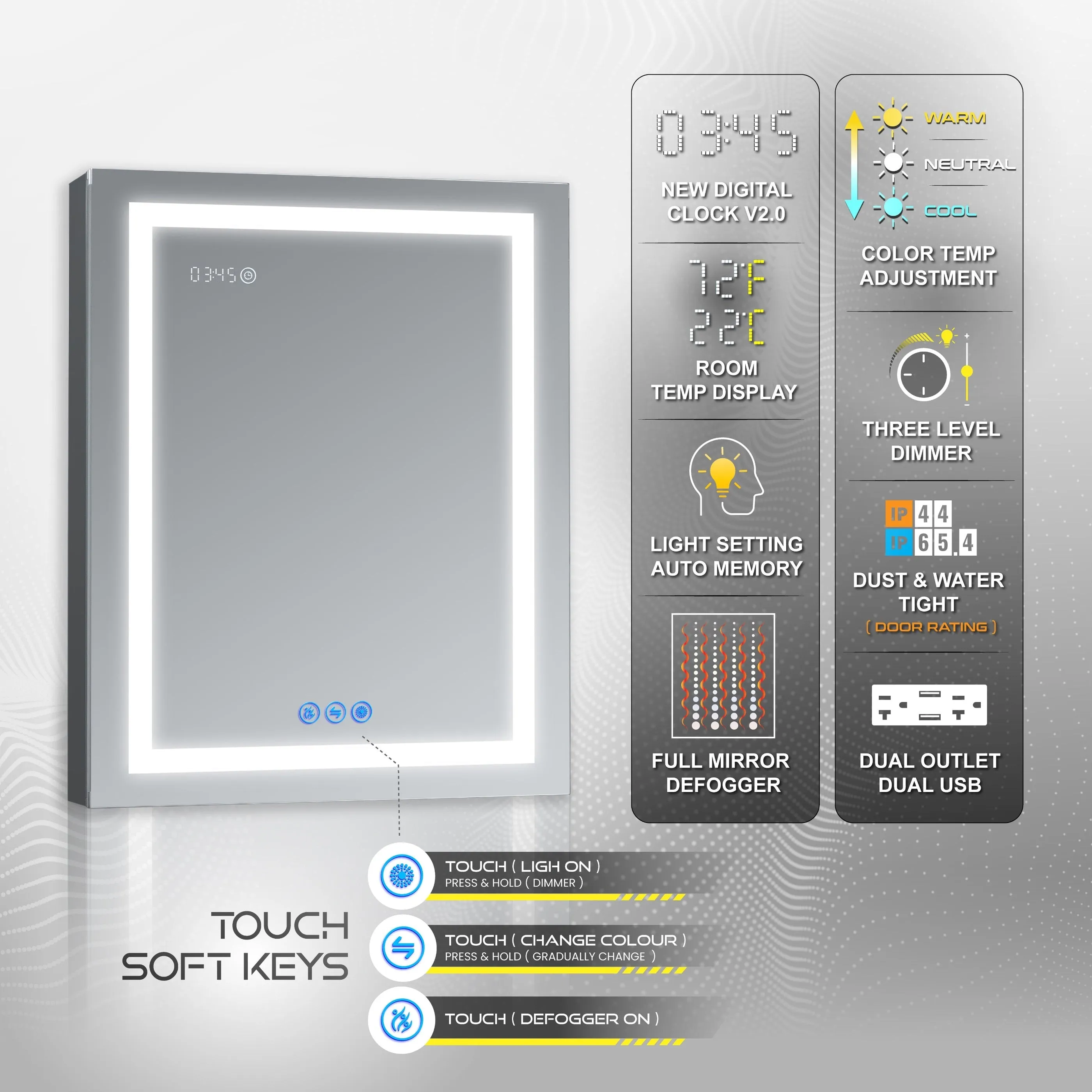 DECADOM LED Mirror Medicine Cabinet Recessed or Surface, Defogger, Dimmer, Clock, Room Temp Display, Makeup Mirror 3X, Outlets & USBs RUBiNi 24x32L