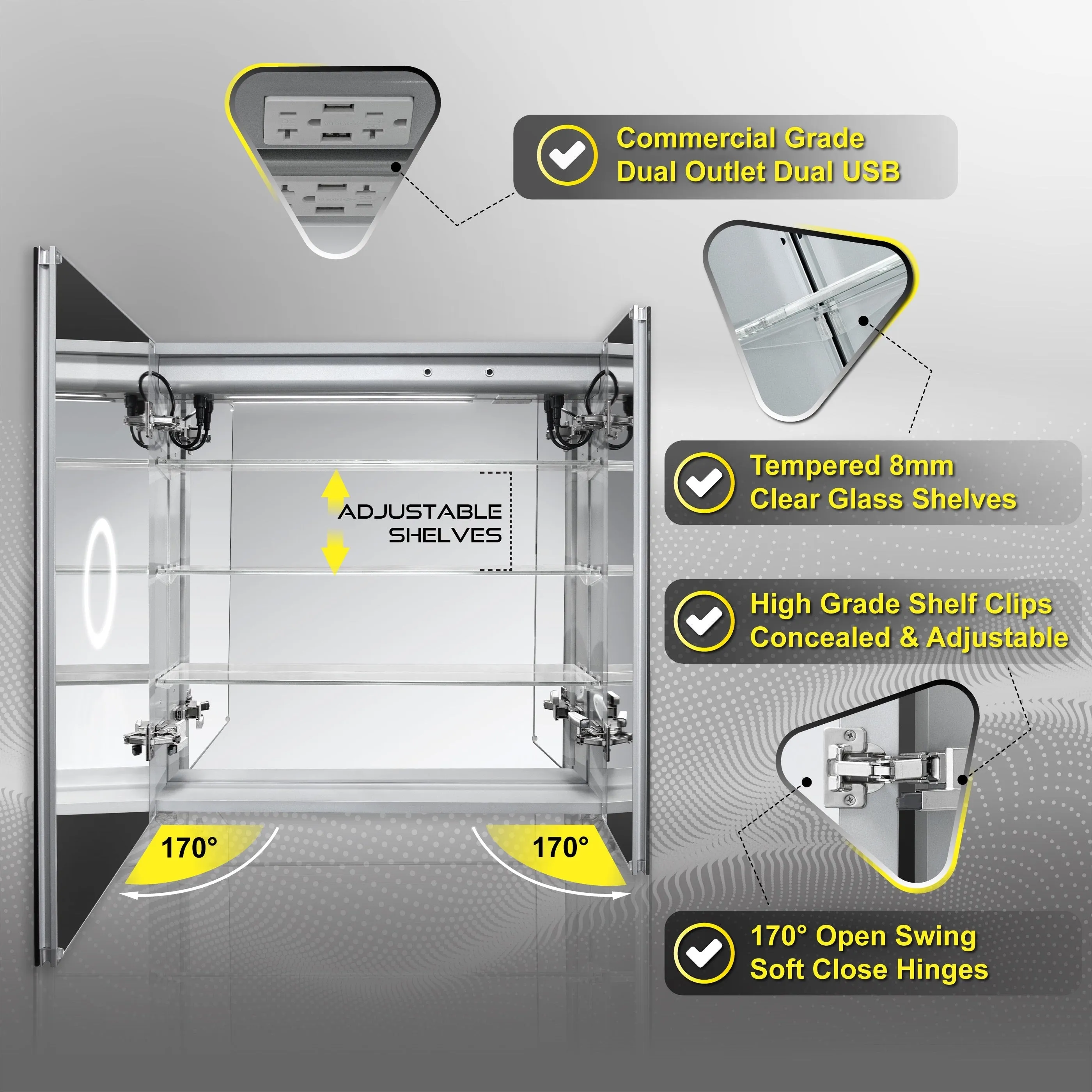 DECADOM LED Mirror Medicine Cabinet Recessed or Surface, Defogger, Dimmer, Clock, Room Temp Display, Makeup Mirror 3X, Outlets & USBs RUBiNi 30x32