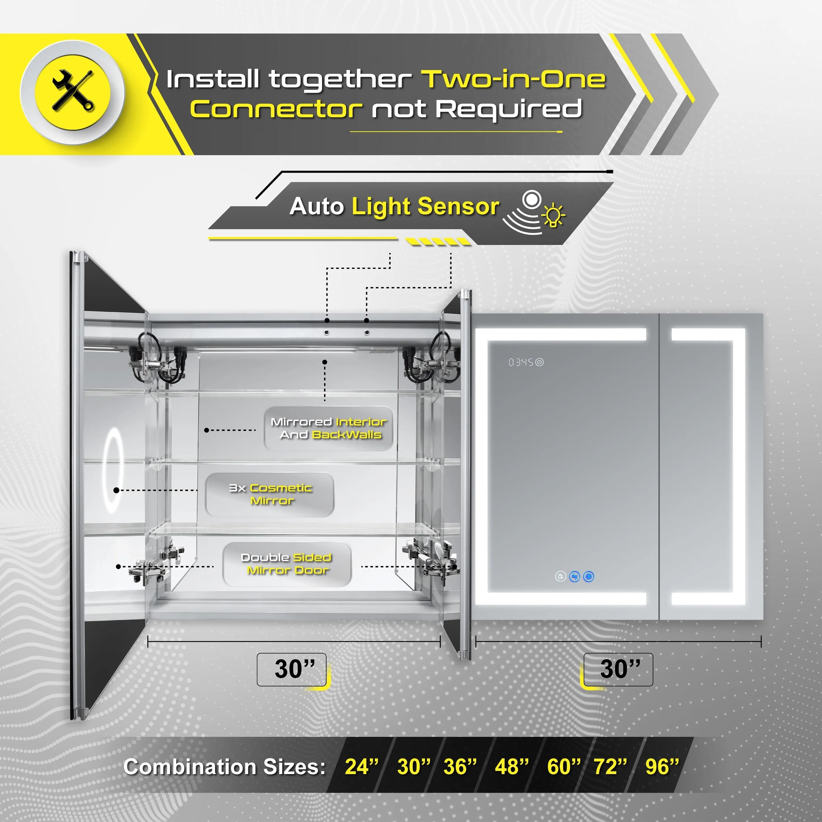 DECADOM LED Mirror Medicine Cabinet Recessed or Surface, Defogger, Dimmer, Clock, Room Temp Display, Makeup Mirror 3X, Outlets & USBs RUBiNi 30x32