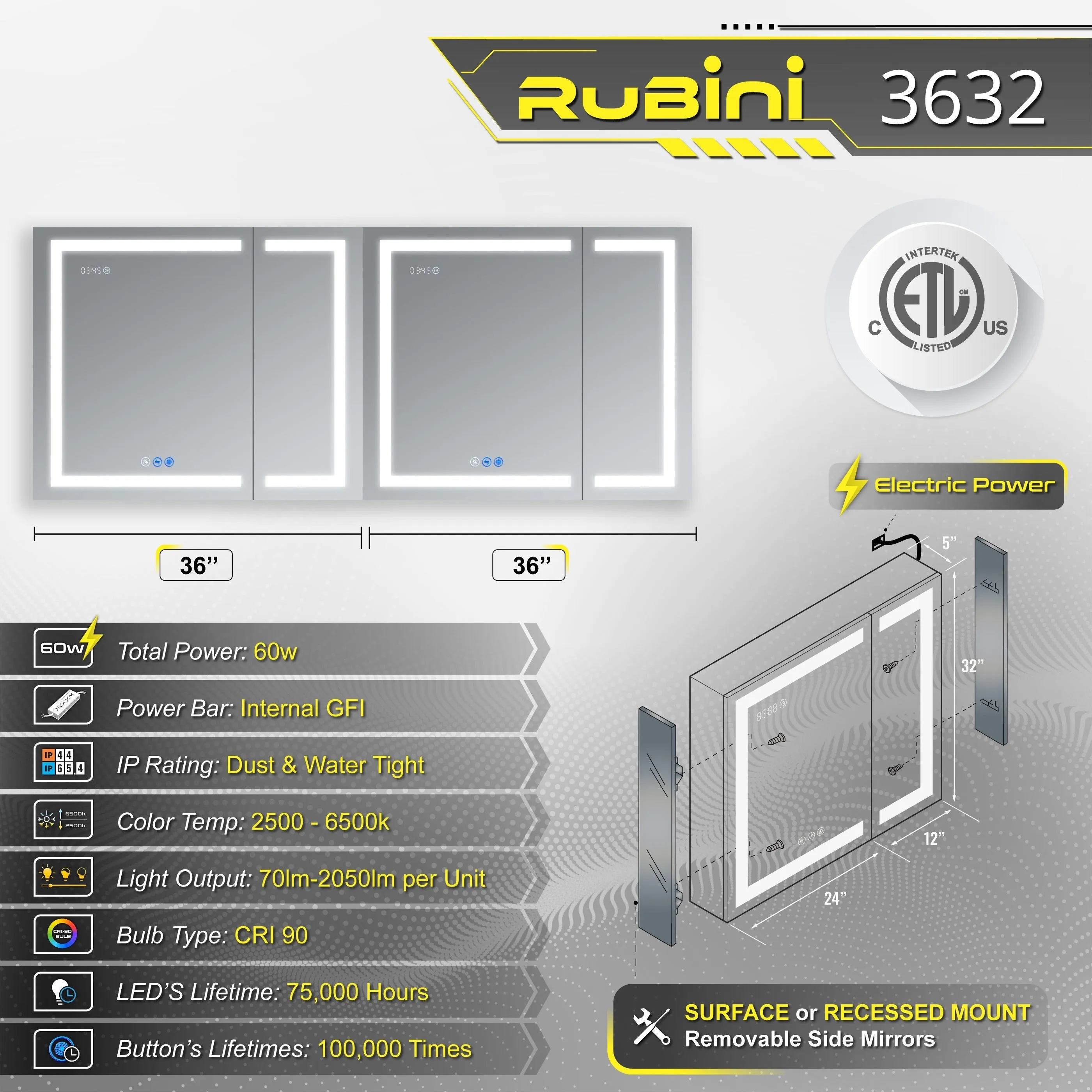 DECADOM LED Mirror Medicine Cabinet Recessed or Surface, Defogger, Dimmer, Clock, Room Temp Display, Makeup Mirror 3X, Outlets & USBs RUBiNi 36x32