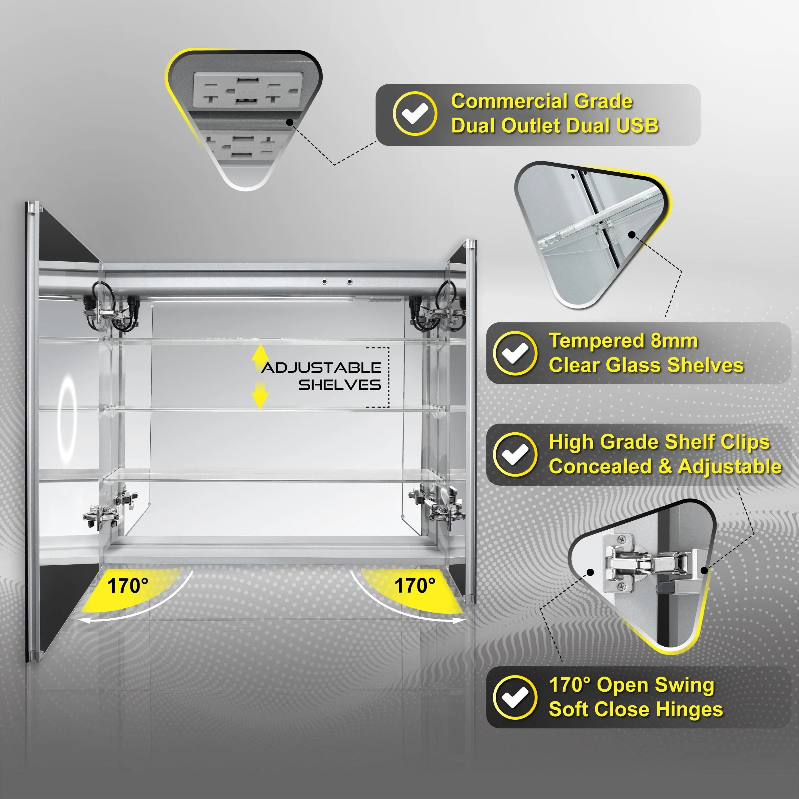 DECADOM LED Mirror Medicine Cabinet Recessed or Surface, Defogger, Dimmer, Clock, Room Temp Display, Makeup Mirror 3X, Outlets & USBs RUBiNi 36x32